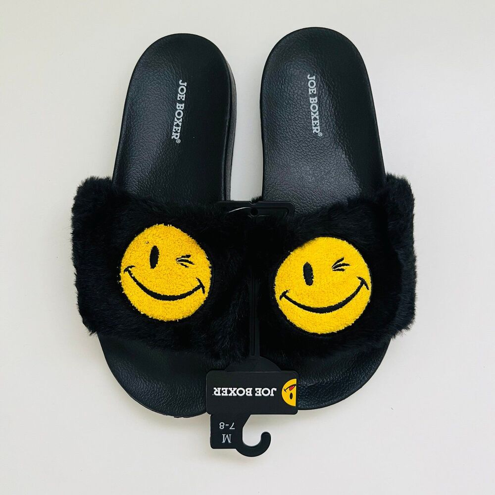 JOE BOXER Black Yellow Mr. Winkey Smile Face Furry Slide Sandals - M (7-8)